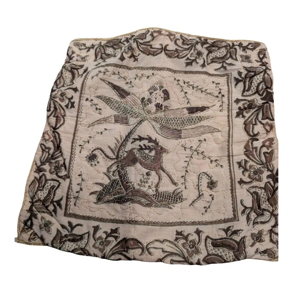 Vintage Hand Embroidered Deer Palm Tree Pillow Covers‎ Set of 2 Cream Gold 14x14
